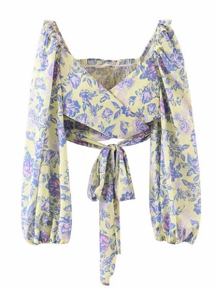 Yellow Floral Wrap Tie Top - Small